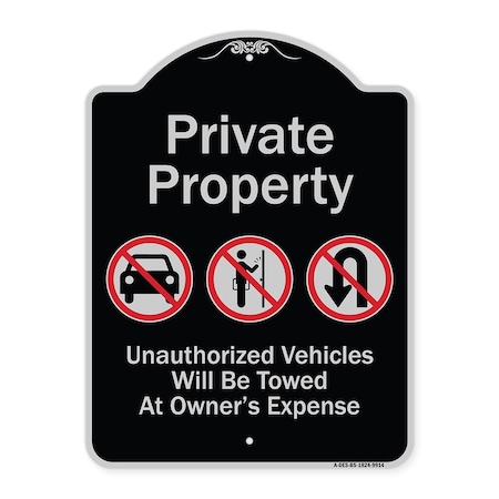 Signmission Designer Series-Private Property Unauthorized Vehicles Towed No Cars, 24" x 18", BS-1824-9914 A-DES-BS-1824-9914